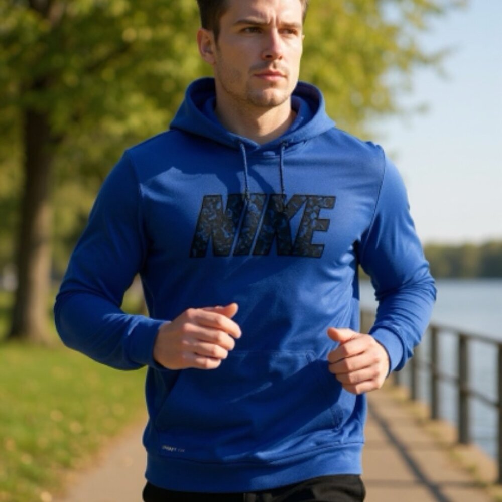 Nike Men's Size L Blue Dri-FIT Fleece Pullover Hoodie Sweatshirt Athletic Swoosh